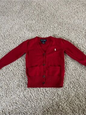 Ralph Lauren Red Girls' V-Neck Button Cardigan with Pony Logo